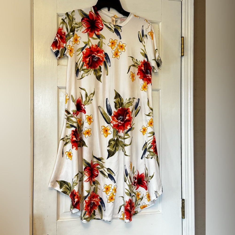 LARA White Mini Dress with Red and Yellow Floral Print